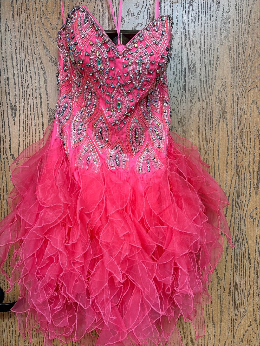 Jovani Hot Pink Beaded Ruffle Prom Dress